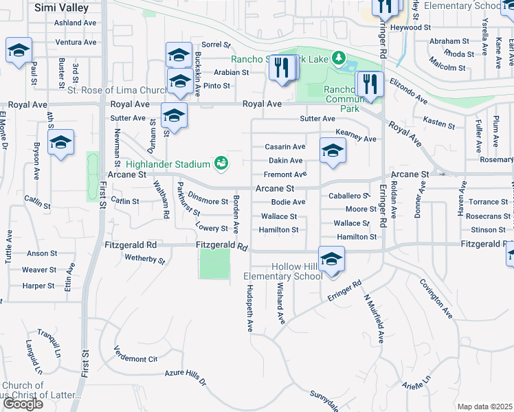 map of restaurants, bars, coffee shops, grocery stores, and more near 1077 Hudspeth Avenue in Simi Valley