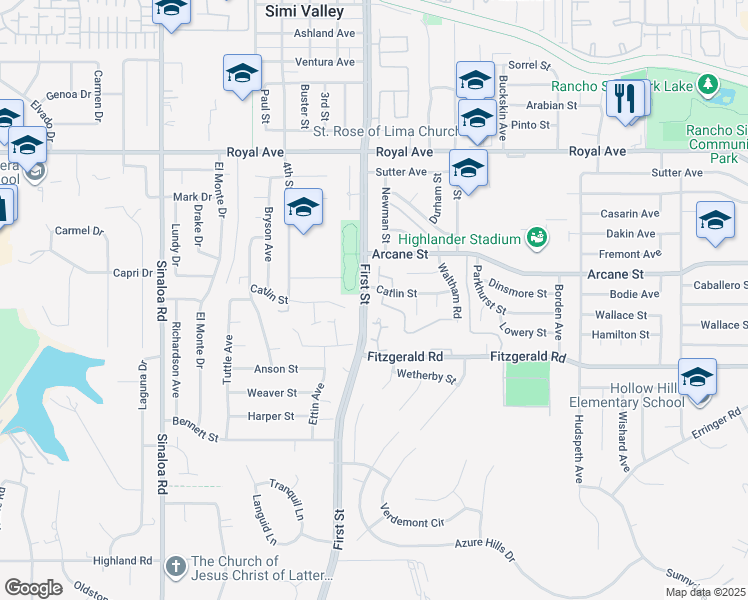map of restaurants, bars, coffee shops, grocery stores, and more near 1135 Fitzgerald Road in Simi Valley