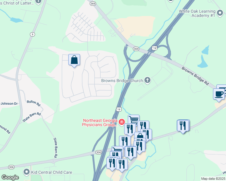 map of restaurants, bars, coffee shops, grocery stores, and more near 4970 Roseman Trail in Cumming