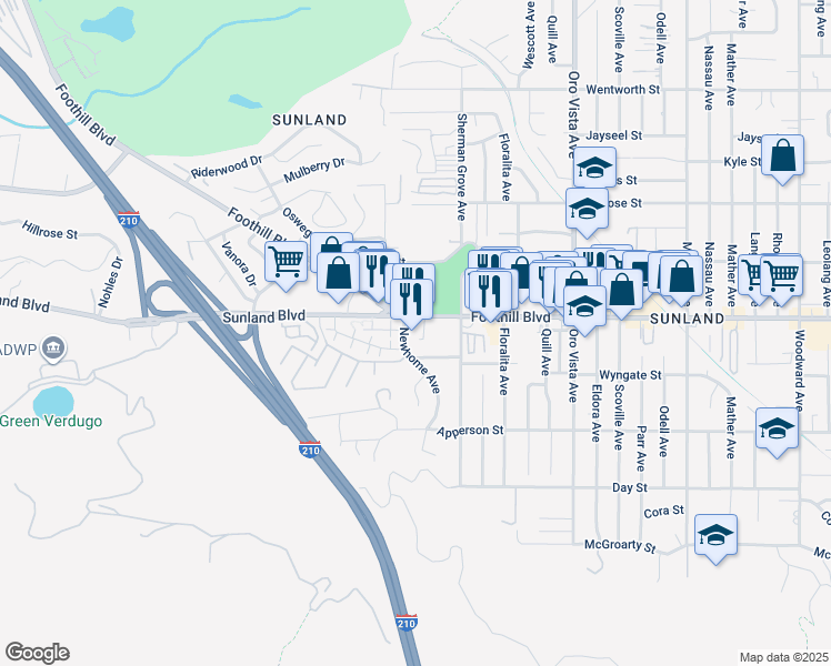 map of restaurants, bars, coffee shops, grocery stores, and more near 8662 Foothill Boulevard in Los Angeles