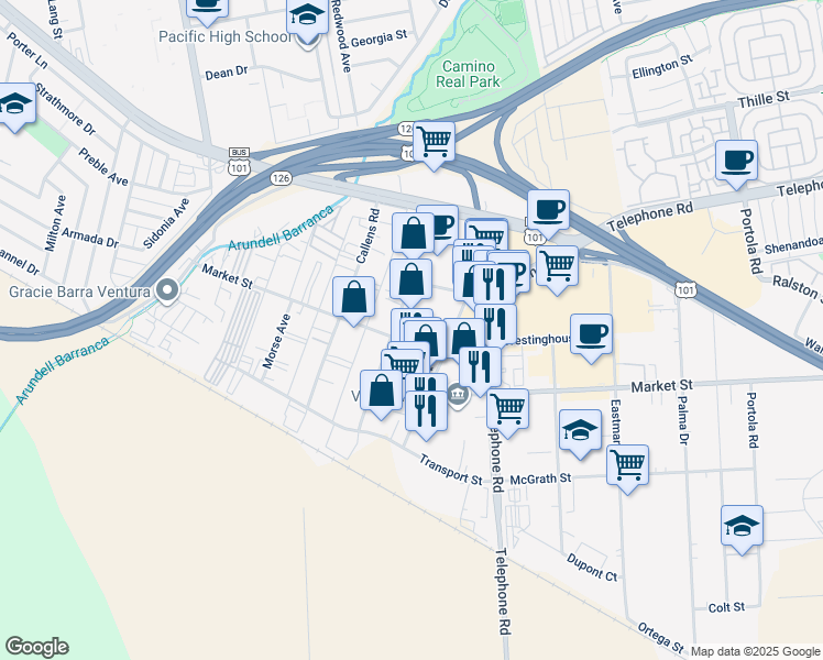 map of restaurants, bars, coffee shops, grocery stores, and more near 4125 Market Street in Ventura