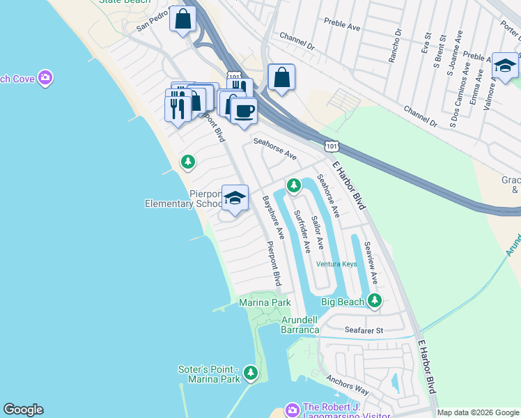 map of restaurants, bars, coffee shops, grocery stores, and more near 2733 Bayshore Avenue in Ventura