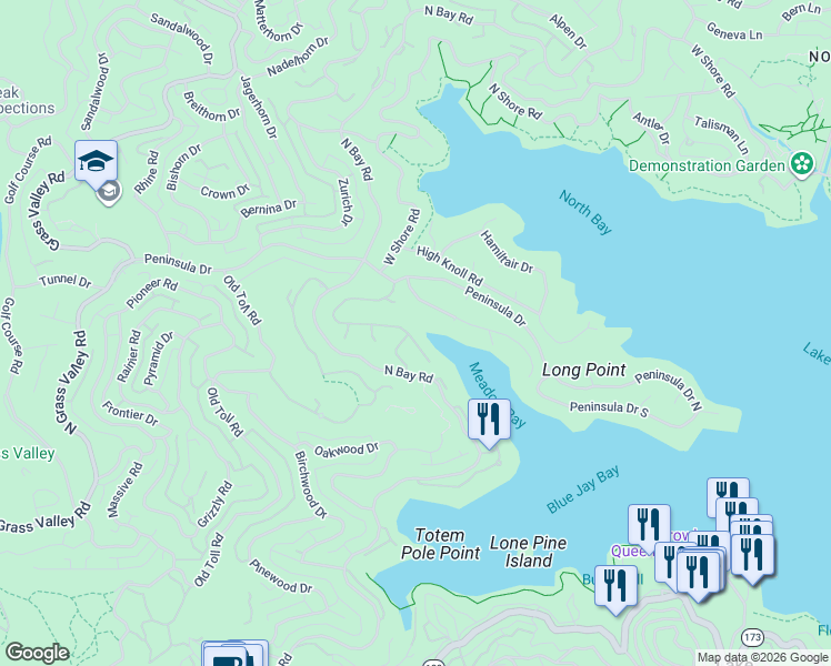 map of restaurants, bars, coffee shops, grocery stores, and more near 27581 Meadow Bay Drive in Lake Arrowhead