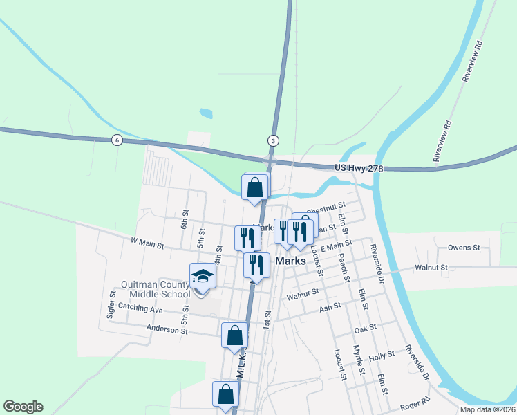 map of restaurants, bars, coffee shops, grocery stores, and more near 209 Martin Luther King Drive in Marks
