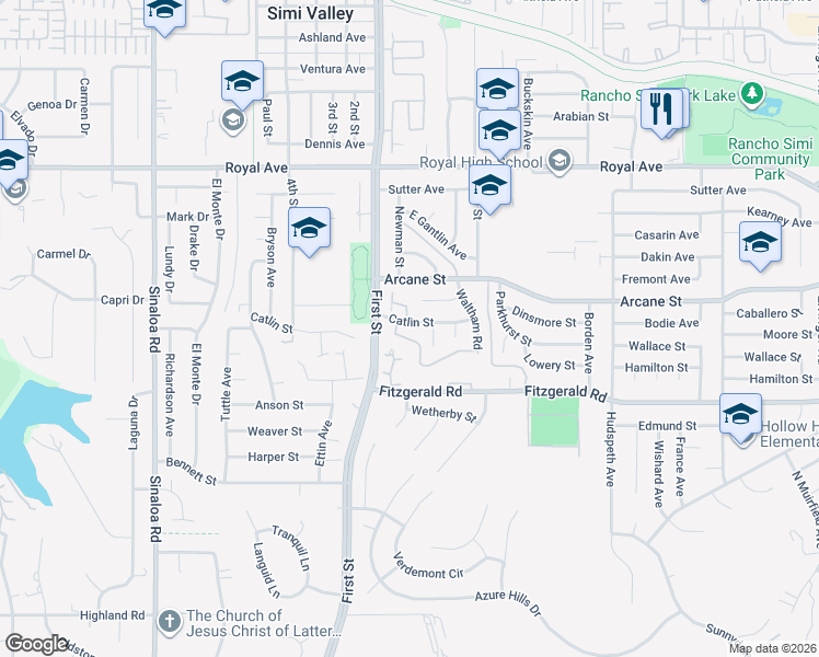 map of restaurants, bars, coffee shops, grocery stores, and more near 1114 Catlin Street in Simi Valley