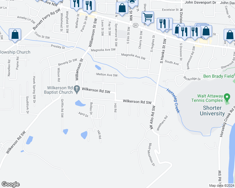 map of restaurants, bars, coffee shops, grocery stores, and more near 204 Wilkerson Road Southwest in Rome