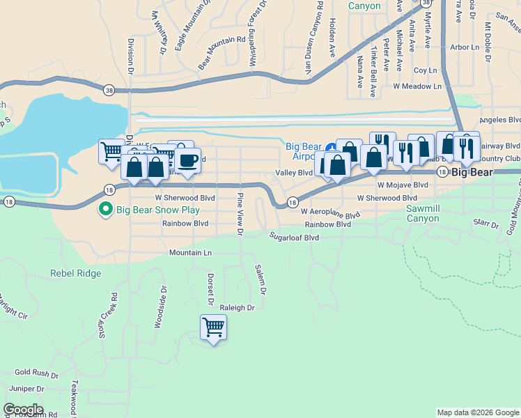map of restaurants, bars, coffee shops, grocery stores, and more near 169 Winding Lane in Big Bear
