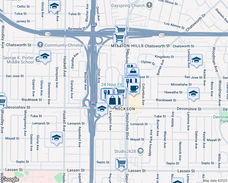 map of restaurants, bars, coffee shops, grocery stores, and more near 10400 Langdon Avenue in Los Angeles