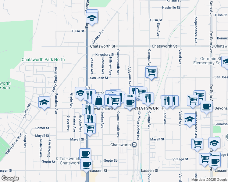 map of restaurants, bars, coffee shops, grocery stores, and more near 10435 Owensmouth Avenue in Los Angeles