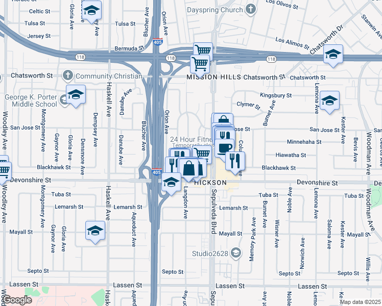 map of restaurants, bars, coffee shops, grocery stores, and more near 10400 Langdon Avenue in Los Angeles