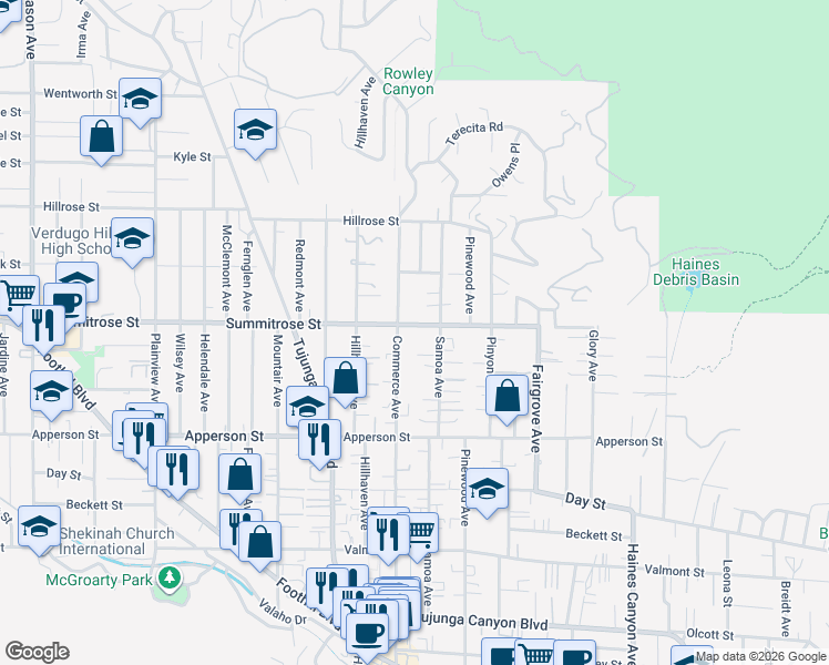 map of restaurants, bars, coffee shops, grocery stores, and more near 10514 Commerce Avenue in Los Angeles
