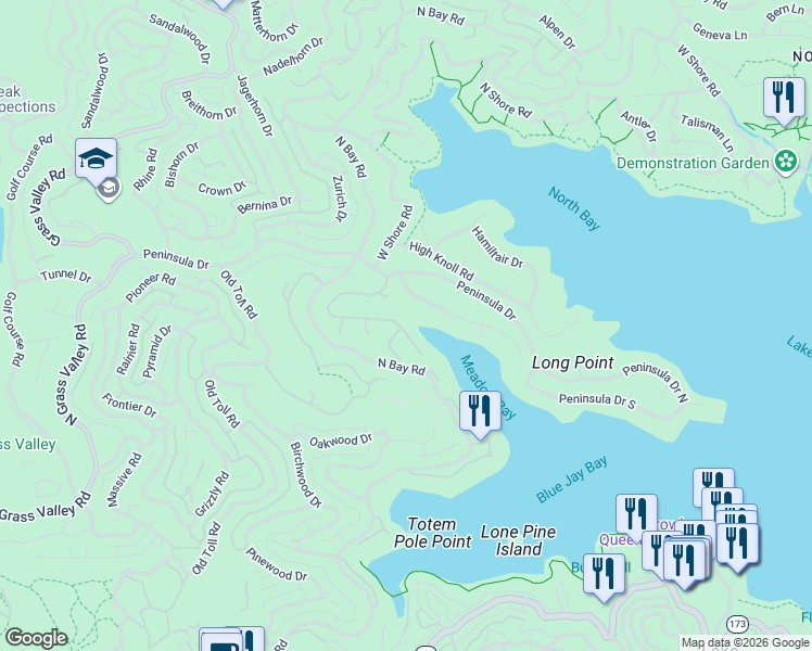 map of restaurants, bars, coffee shops, grocery stores, and more near 27581 Meadow Bay Drive in Lake Arrowhead