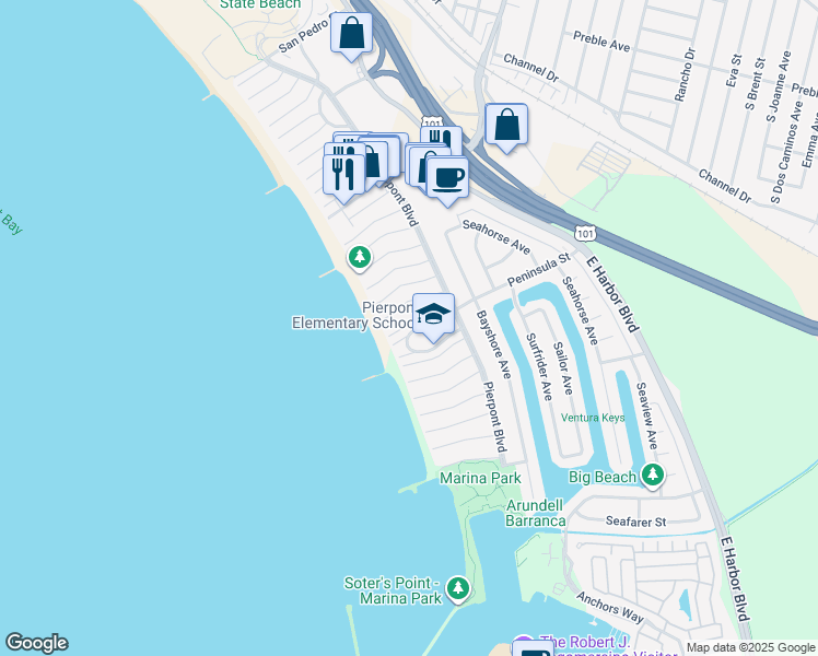 map of restaurants, bars, coffee shops, grocery stores, and more near 1184 Brunswick Lane in Ventura