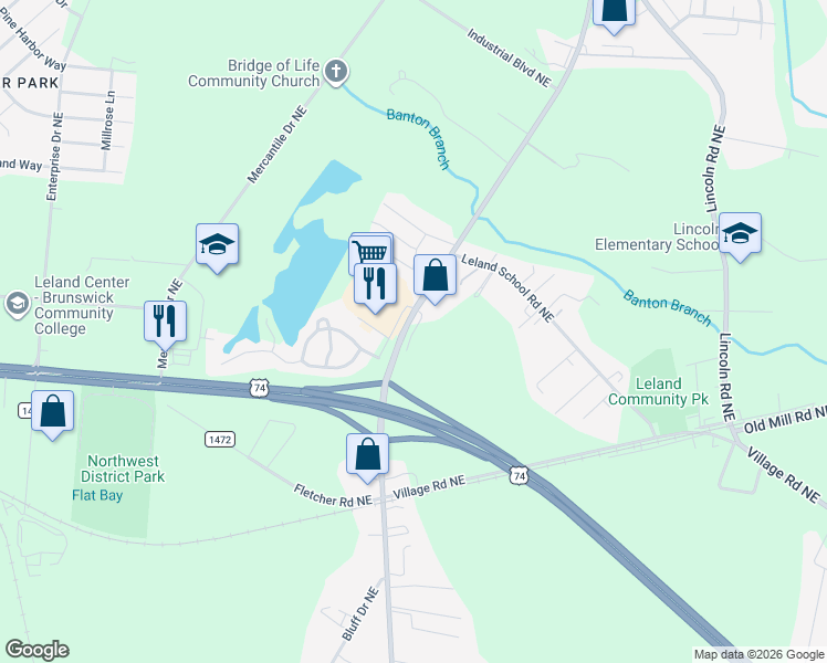 map of restaurants, bars, coffee shops, grocery stores, and more near 1742-1750 Summerlin Road Northeast in Leland