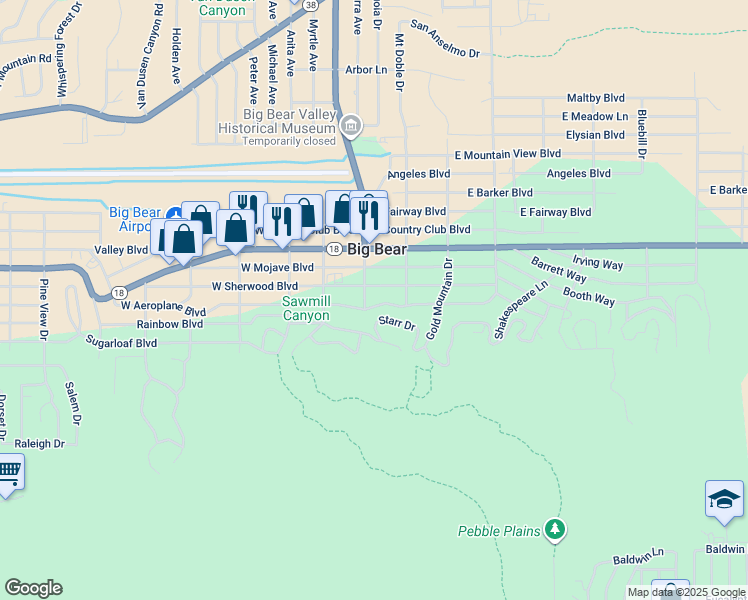 map of restaurants, bars, coffee shops, grocery stores, and more near 107 East Aeroplane Boulevard in Big Bear