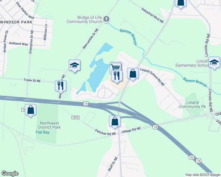 map of restaurants, bars, coffee shops, grocery stores, and more near 1012 Lake Norman Lane in Leland