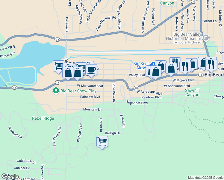 map of restaurants, bars, coffee shops, grocery stores, and more near 803 Robinhood Boulevard in Big Bear