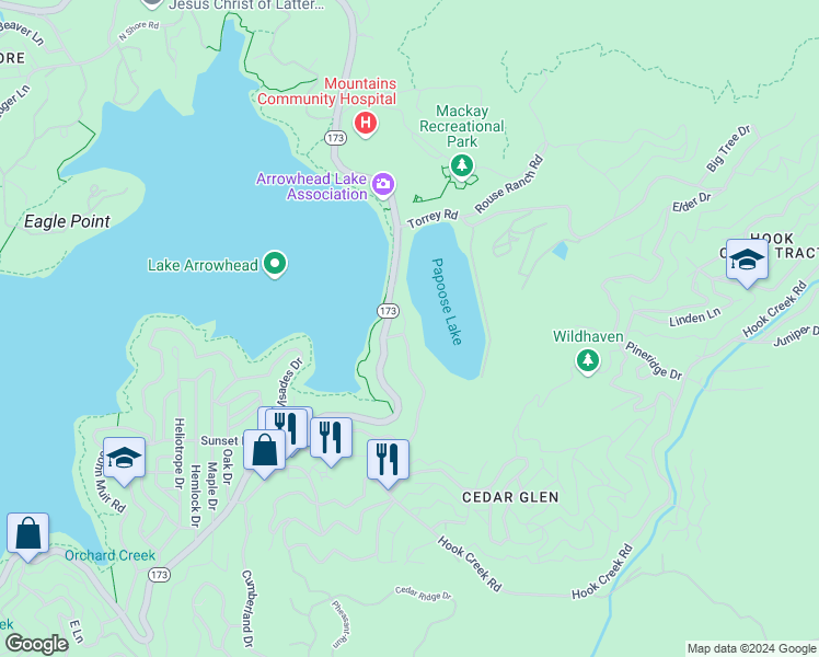 map of restaurants, bars, coffee shops, grocery stores, and more near 537 Canyon View Drive in Lake Arrowhead