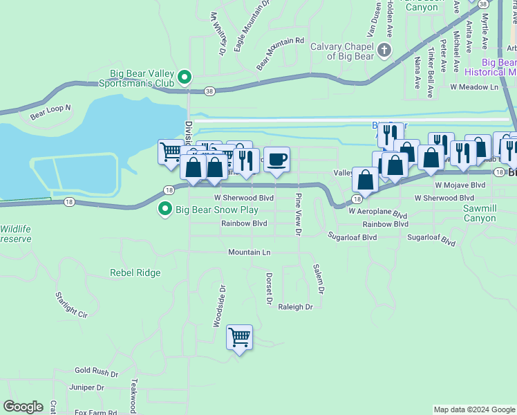 map of restaurants, bars, coffee shops, grocery stores, and more near 925 Robinhood Boulevard in Big Bear