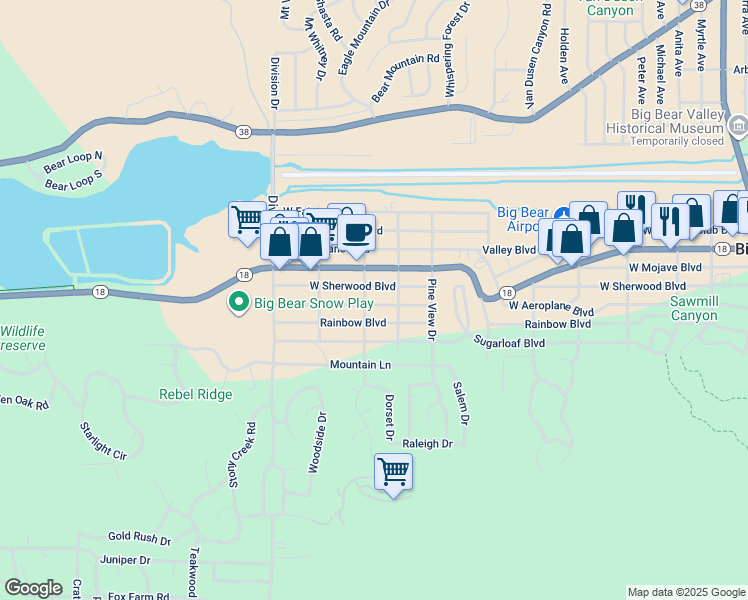 map of restaurants, bars, coffee shops, grocery stores, and more near 925 Robinhood Boulevard in Big Bear