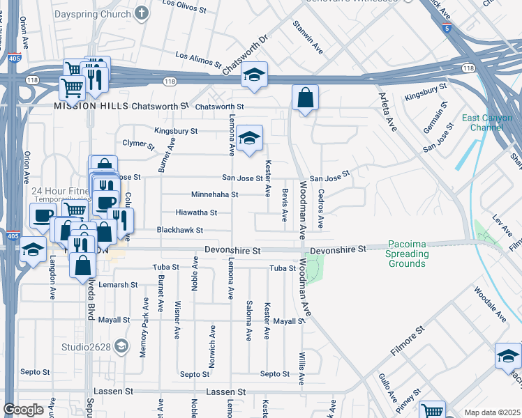 map of restaurants, bars, coffee shops, grocery stores, and more near 14909 Hiawatha Street in Los Angeles