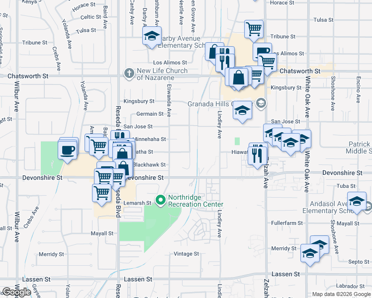 map of restaurants, bars, coffee shops, grocery stores, and more near 10432 Garden Grove Avenue in Los Angeles