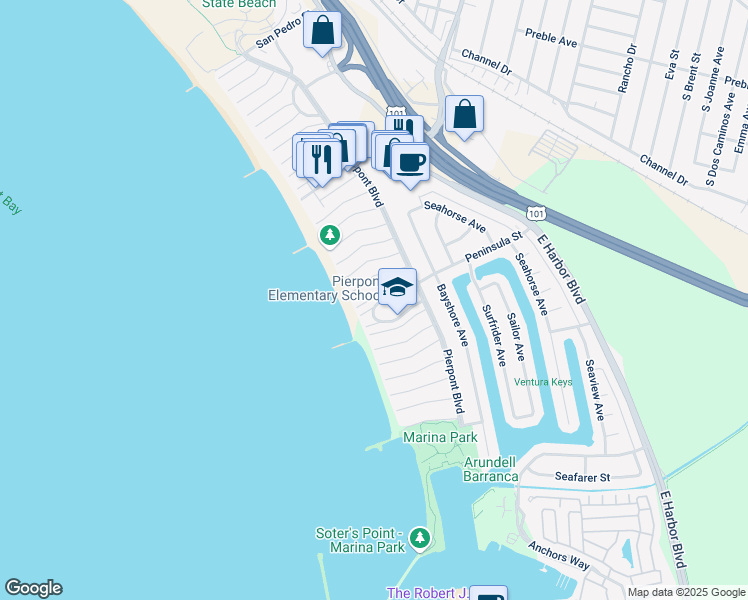 map of restaurants, bars, coffee shops, grocery stores, and more near 1243 New Bedford Court in Ventura