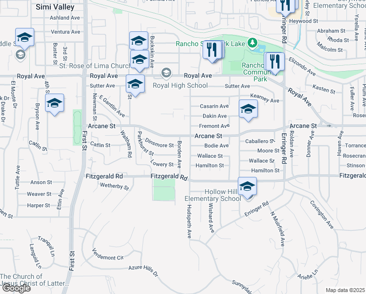 map of restaurants, bars, coffee shops, grocery stores, and more near 1134 Borden Street in Simi Valley