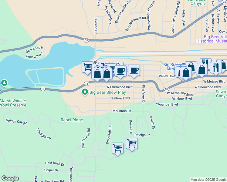 map of restaurants, bars, coffee shops, grocery stores, and more near 1029 West Sherwood Boulevard in Big Bear