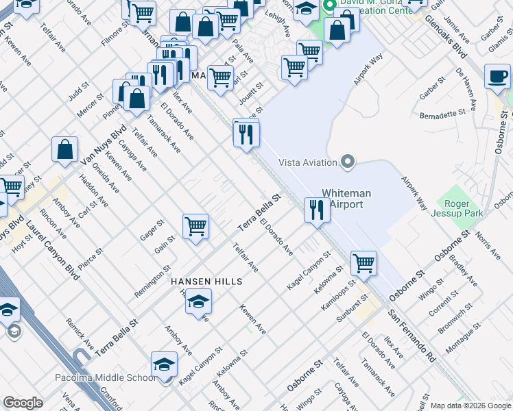 map of restaurants, bars, coffee shops, grocery stores, and more near 10408 El Dorado Avenue in Los Angeles