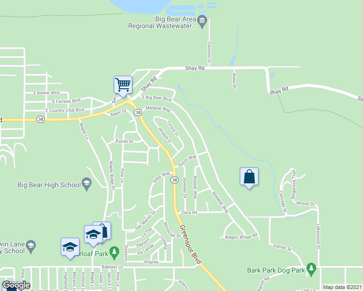 map of restaurants, bars, coffee shops, grocery stores, and more near 257 Turlock Drive in Big Bear