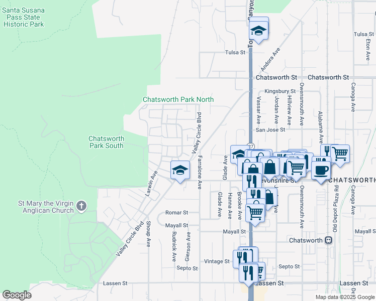 map of restaurants, bars, coffee shops, grocery stores, and more near 22300 James Alan Circle in Los Angeles
