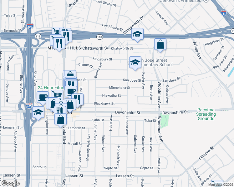 map of restaurants, bars, coffee shops, grocery stores, and more near 15037 Hiawatha Street in Los Angeles