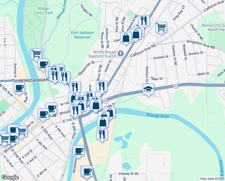 map of restaurants, bars, coffee shops, grocery stores, and more near 25 Gibbons Street Northeast in Rome