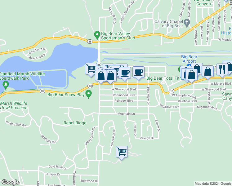 map of restaurants, bars, coffee shops, grocery stores, and more near 1037 Robinhood Boulevard in Big Bear