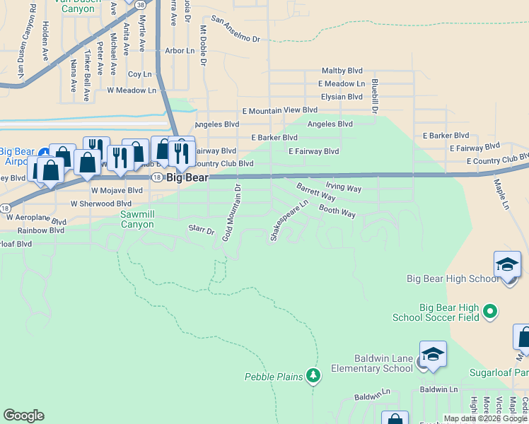 map of restaurants, bars, coffee shops, grocery stores, and more near 345 West Aeroplane Boulevard in Big Bear