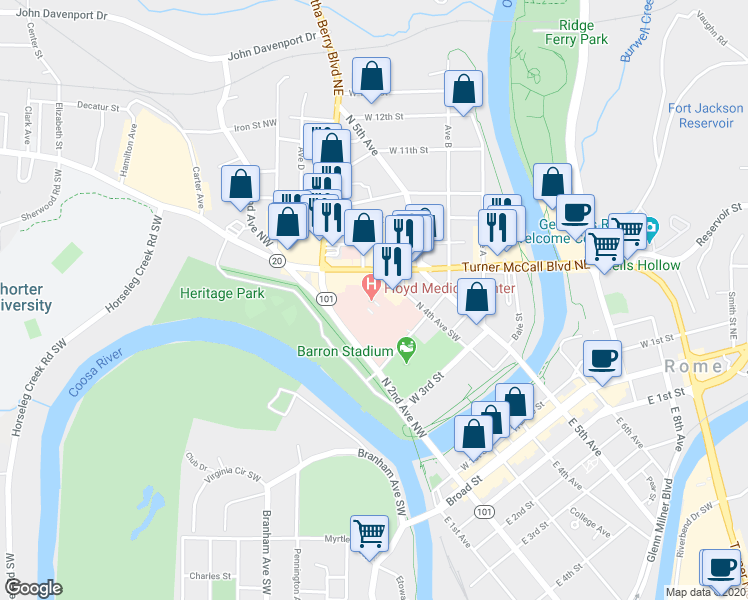 map of restaurants, bars, coffee shops, grocery stores, and more near 304 Turner McCall Boulevard in Rome