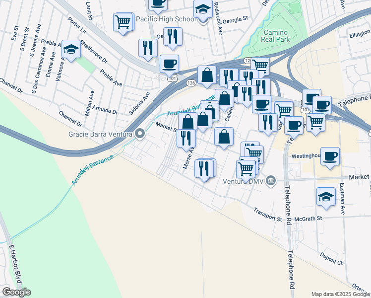 map of restaurants, bars, coffee shops, grocery stores, and more near 3804 Market St in Ventura