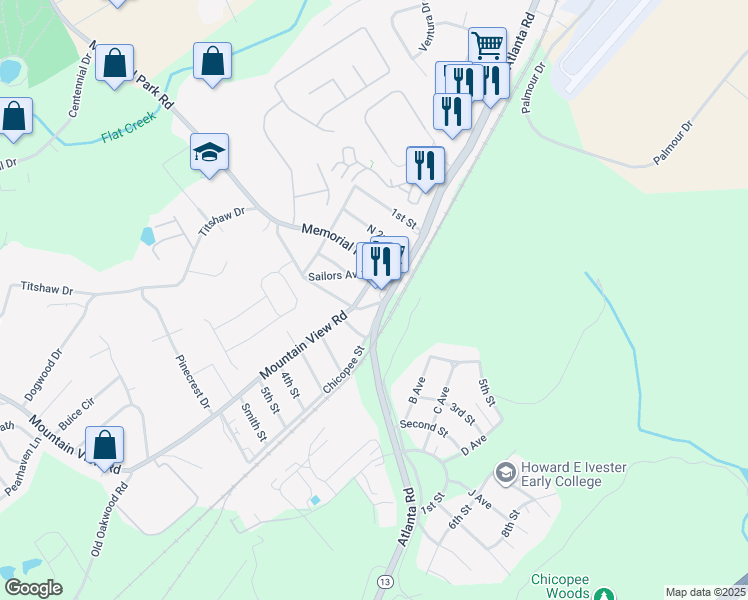 map of restaurants, bars, coffee shops, grocery stores, and more near 2202 Mountain View Road in Gainesville