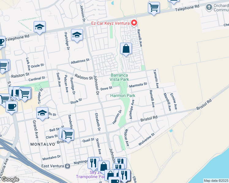 map of restaurants, bars, coffee shops, grocery stores, and more near 6957 Heron Street in Ventura