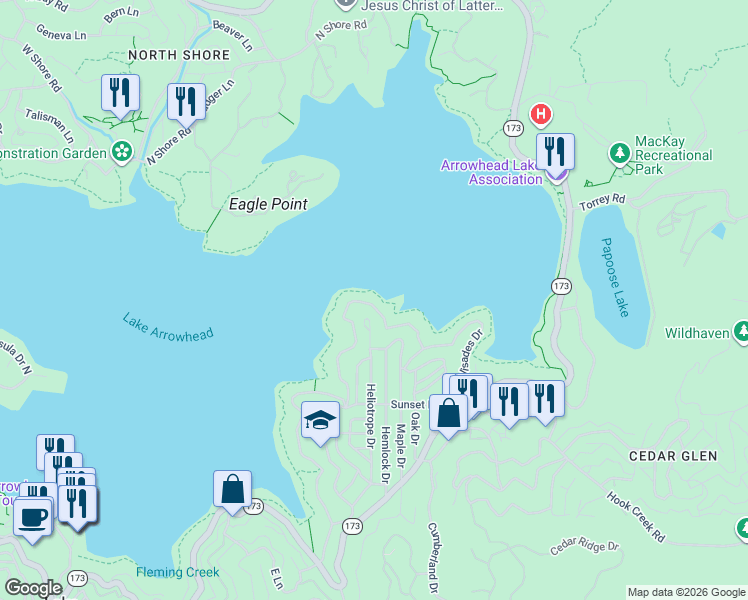 map of restaurants, bars, coffee shops, grocery stores, and more near 28778 Palisades Drive in Lake Arrowhead