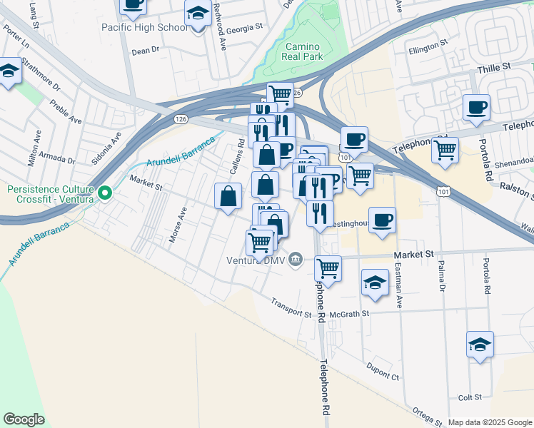 map of restaurants, bars, coffee shops, grocery stores, and more near 4125 Market Street in Ventura