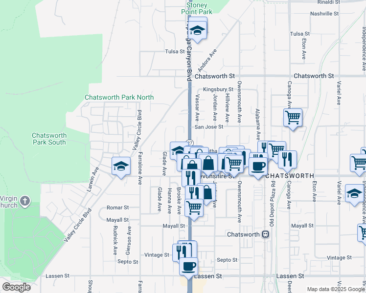 map of restaurants, bars, coffee shops, grocery stores, and more near 22011 Hiawatha Street in Los Angeles