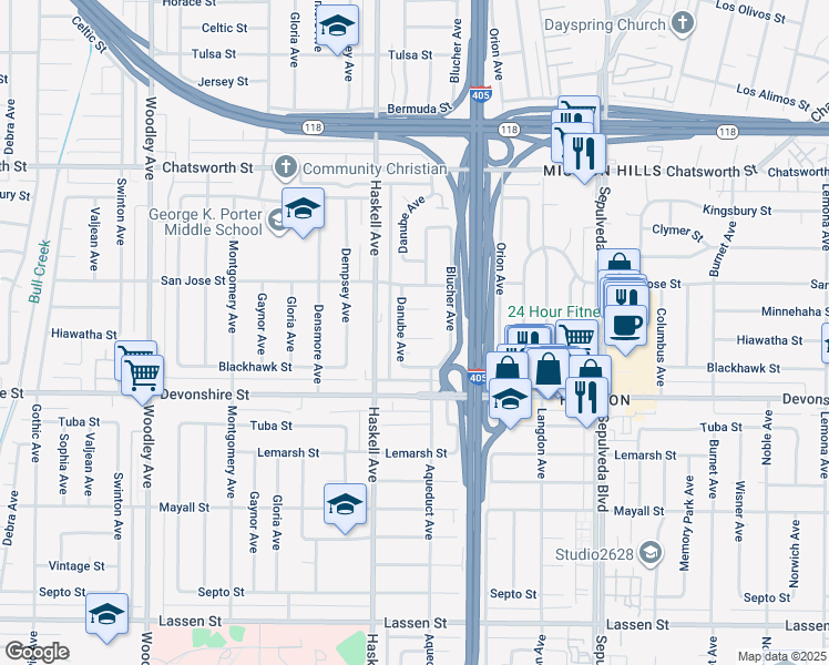 map of restaurants, bars, coffee shops, grocery stores, and more near 15723 Hiawatha Street in Los Angeles