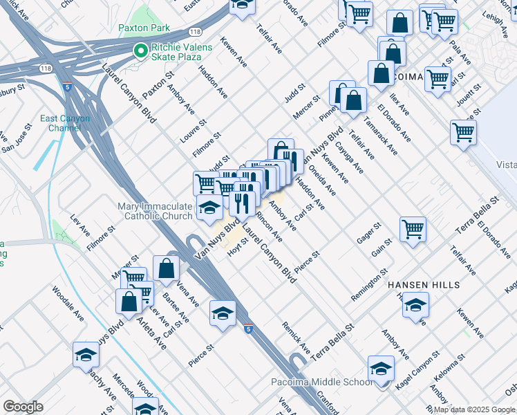 map of restaurants, bars, coffee shops, grocery stores, and more near 13667 Van Nuys Boulevard in Los Angeles