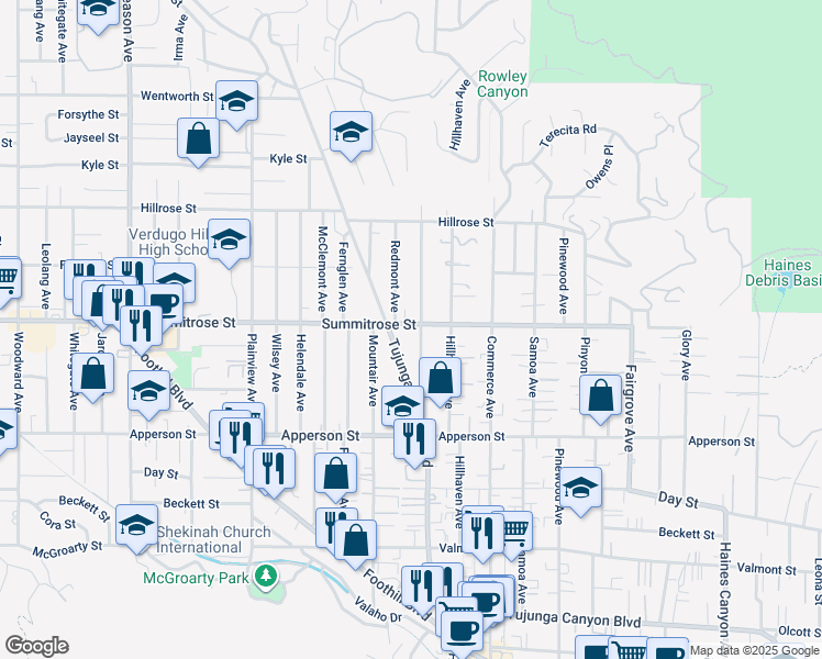map of restaurants, bars, coffee shops, grocery stores, and more near 7310 Summitrose Street in Los Angeles