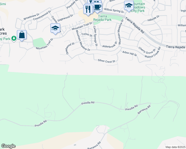 map of restaurants, bars, coffee shops, grocery stores, and more near 11937 Presilla Road in Camarillo