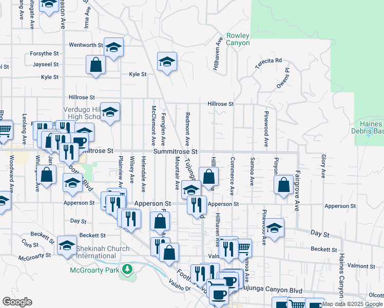 map of restaurants, bars, coffee shops, grocery stores, and more near 7314 Summitrose Street in Los Angeles
