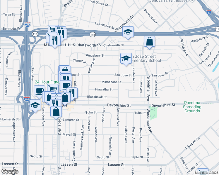 map of restaurants, bars, coffee shops, grocery stores, and more near 15037 Hiawatha Street in Los Angeles