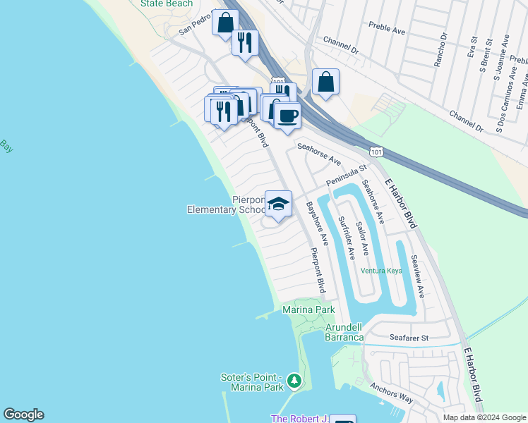 map of restaurants, bars, coffee shops, grocery stores, and more near 1235 New Bedford Court in Ventura